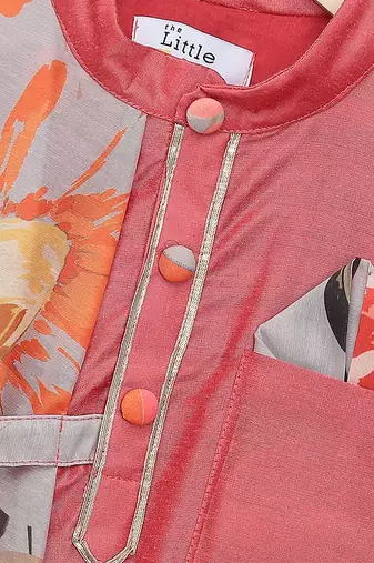 Red printed cotton silk Boy's Kurta Pyjama