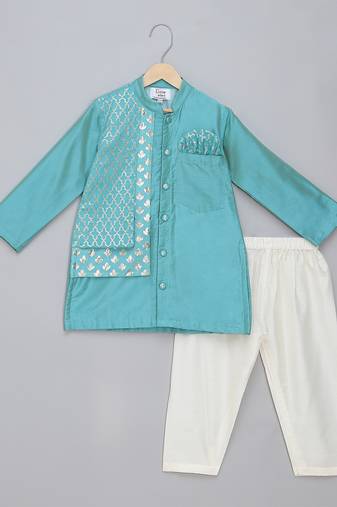 Blue printed cotton silk kurta pyjama