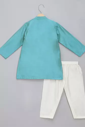 Blue printed cotton silk kurta pyjama