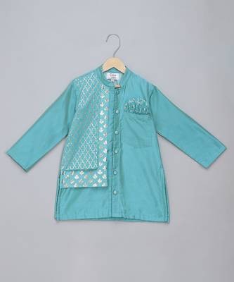 Blue printed cotton silk Boy's Kurta Pyjama 3