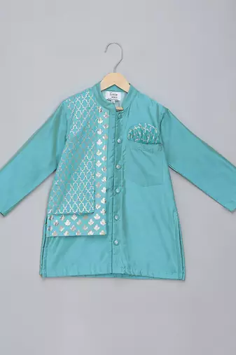 Blue printed cotton silk kurta pyjama
