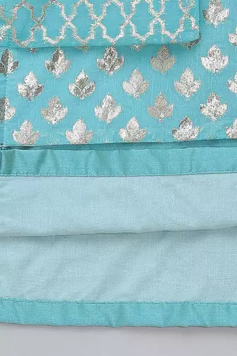 Blue printed cotton silk kurta pyjama