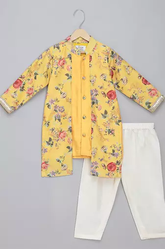 Yellow printed cotton silk kurta pyjama