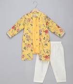 Yellow printed cotton silk kurta pyjama