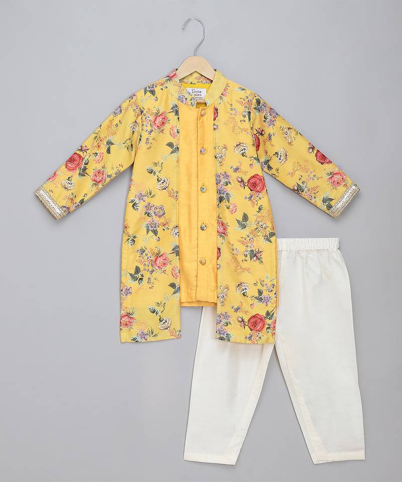 Yellow printed cotton silk kurta pyjama
