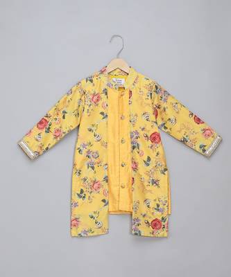 Yellow printed cotton silk Boy's Kurta Pyjama 3
