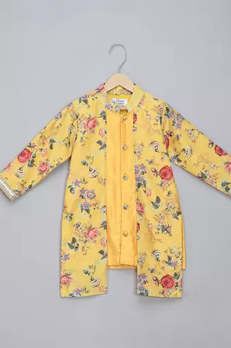 Yellow printed cotton silk kurta pyjama