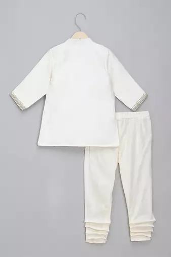 White printed cotton silk Boy's Bandhgala and Pant