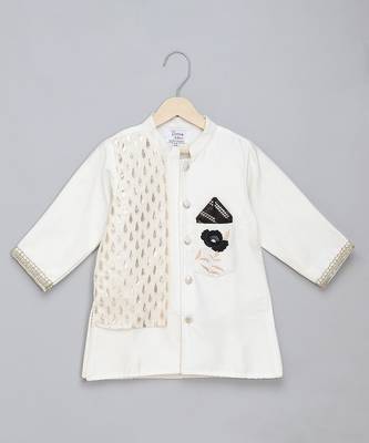 White printed cotton silk Boy's Bandhgala and Pant 1