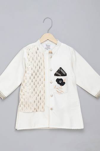 White printed cotton silk bandhgala set