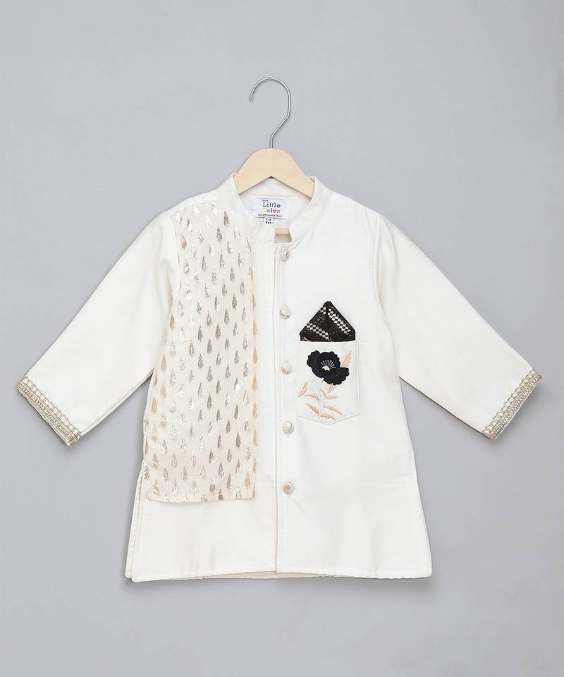 White printed cotton silk bandhgala set