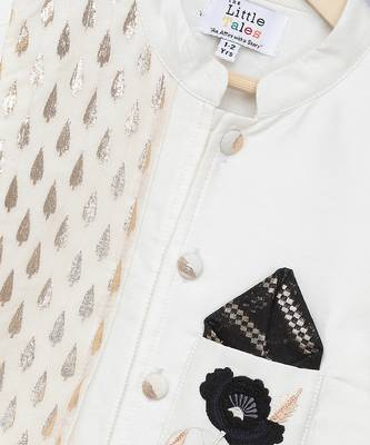 White printed cotton silk Boy's Bandhgala and Pant 4