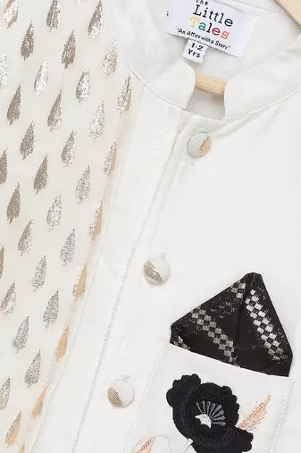 White printed cotton silk Boy's Bandhgala and Pant