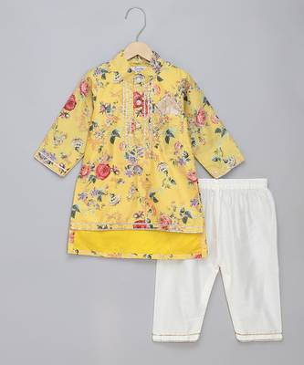 Yellow printed cotton silk Boy's Kurta Pyjama 1