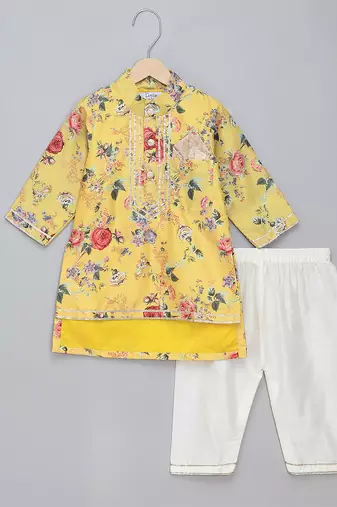 Yellow printed cotton silk kurta pyjama