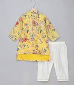Yellow printed cotton silk kurta pyjama