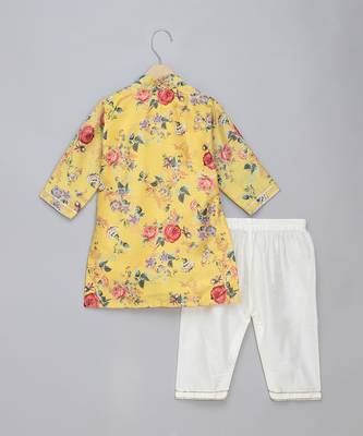 Yellow printed cotton silk Boy's Kurta Pyjama 2