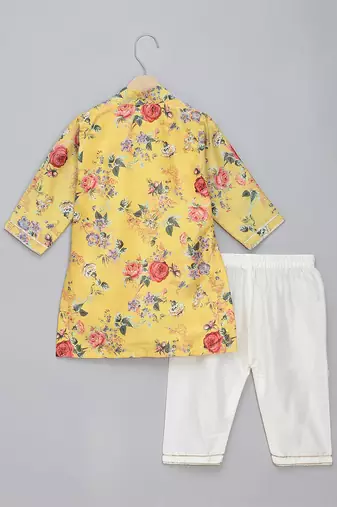 Yellow printed cotton silk kurta pyjama