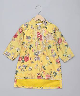 Yellow printed cotton silk Boy's Kurta Pyjama 3
