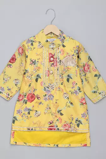 Yellow printed cotton silk kurta pyjama