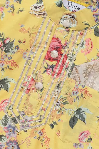 Yellow printed cotton silk kurta pyjama