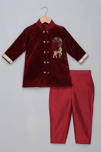 Maroon embroidered velvet bandhgala set