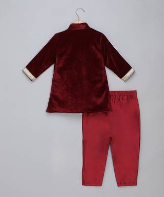 Maroon embroidered velvet Boy's Bandhgala and Pant 2