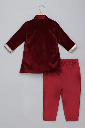 Maroon embroidered velvet Boy's Bandhgala and Pant