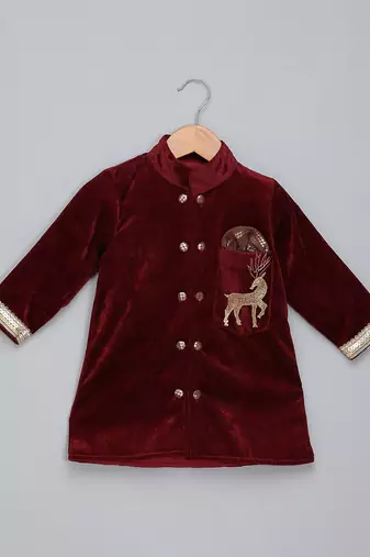 Maroon embroidered velvet Boy's Bandhgala and Pant