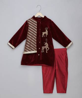 Maroon embroidered velvet Boy's Bandhgala and Pant 1