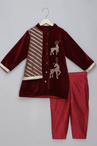 Maroon embroidered velvet bandhgala set