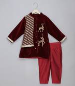 Maroon embroidered velvet bandhgala set