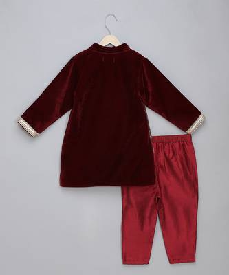 Maroon embroidered velvet Boy's Bandhgala and Pant 2
