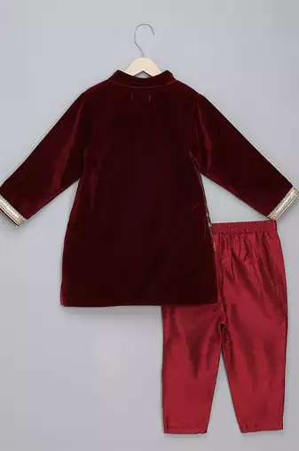 Maroon embroidered velvet Boy's Bandhgala and Pant