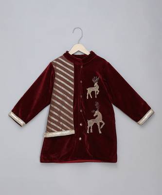 Maroon embroidered velvet Boy's Bandhgala and Pant 3