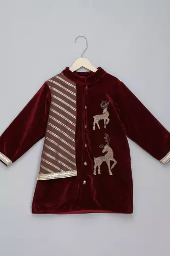 Maroon embroidered velvet Boy's Bandhgala and Pant