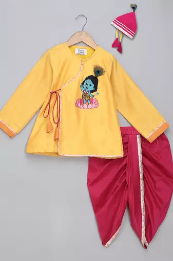 Yellow printed cotton silk kurta pyjama