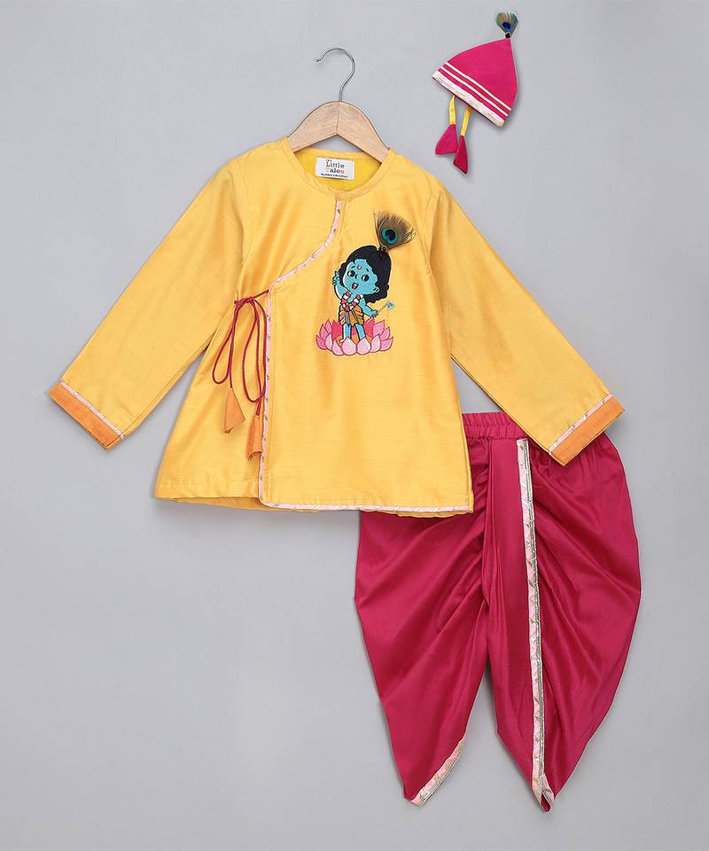 Yellow printed cotton silk kurta pyjama