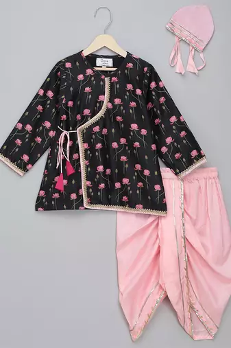 Black printed cotton silk kurta pyjama