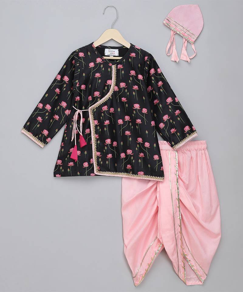 Black printed cotton silk kurta pyjama