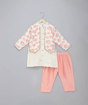 Pink  printed cotton silk Boy's Kurta Pyjama 1