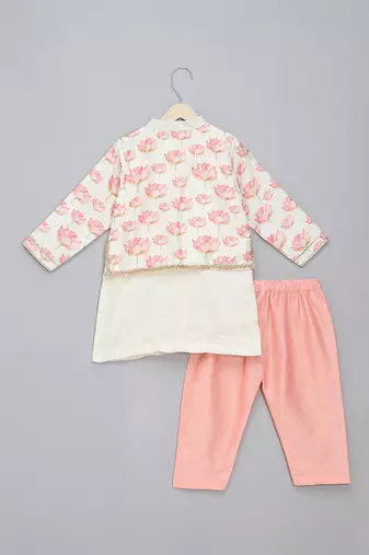 Pink  printed cotton silk Boy's Kurta Pyjama