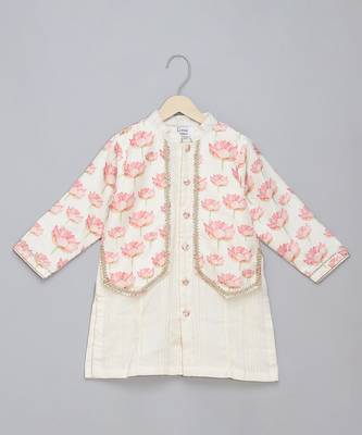 Pink  printed cotton silk Boy's Kurta Pyjama 3