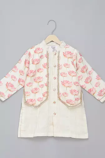 Pink  printed cotton silk Boy's Kurta Pyjama