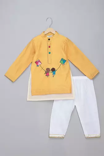 Yellow printed cotton silk kurta pyjama