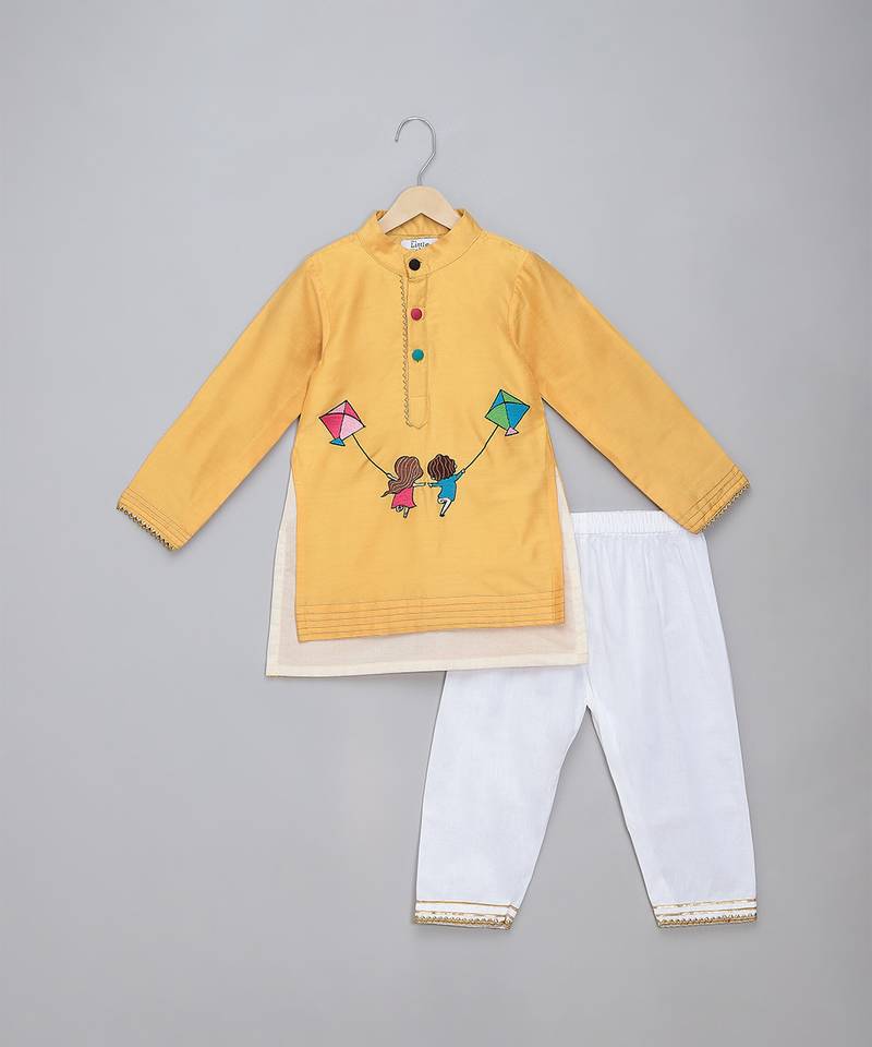 Yellow printed cotton silk kurta pyjama