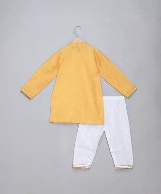 Yellow printed cotton silk Boy's Kurta Pyjama 2