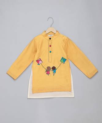 Yellow printed cotton silk Boy's Kurta Pyjama 3