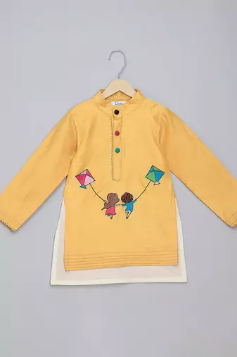 Yellow printed cotton silk kurta pyjama