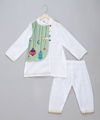 White printed cotton silk Boy's Kurta Pyjama 1